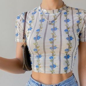Free People Stripe Blue Floral Mesh Top